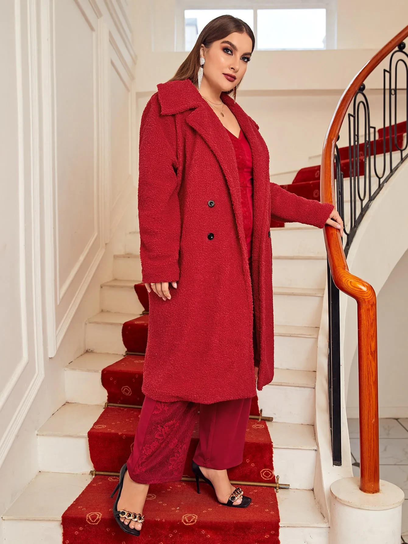 Plain Double Button Long Sleeve Lapel Midi Plus Size Coat