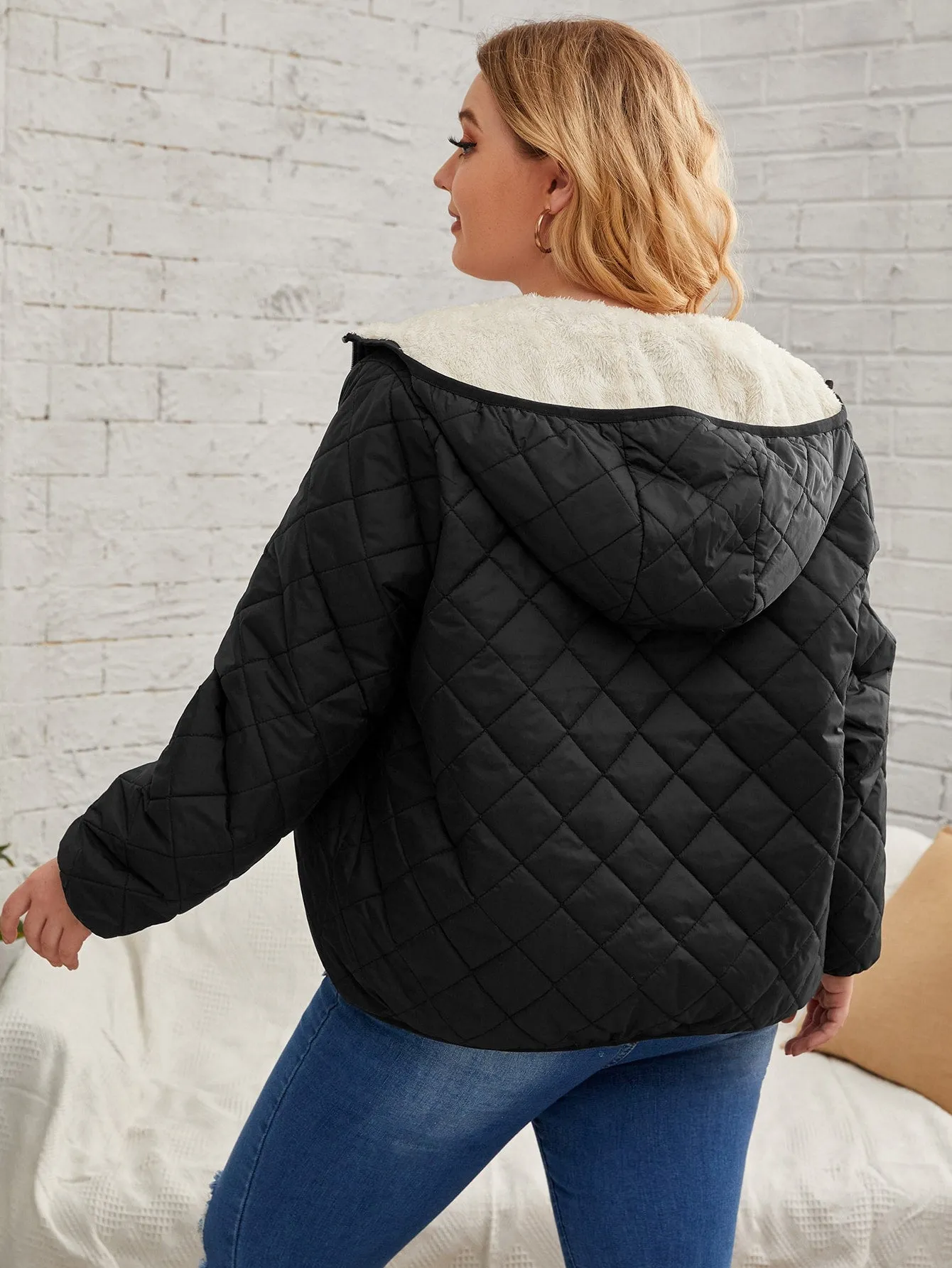 Plain Zipper Long Sleeve Hooded Regular Plus Size Coat