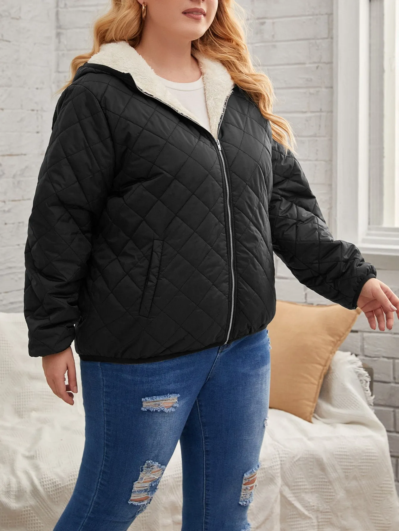 Plain Zipper Long Sleeve Hooded Regular Plus Size Coat