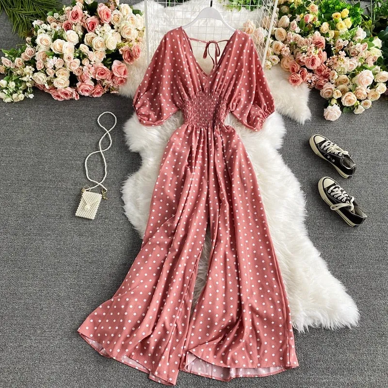 Polka Dot Print Jumpsuit - multiple colors