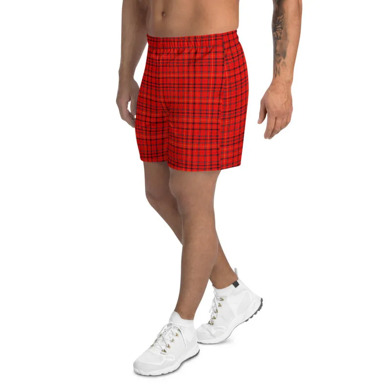 Red Plaid Men's Shorts, Preppy Tartan Scottish Style Men's Athletic Long Shorts-Made in EU