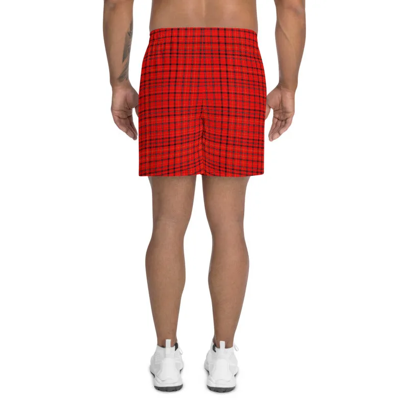 Red Plaid Men's Shorts, Preppy Tartan Scottish Style Men's Athletic Long Shorts-Made in EU