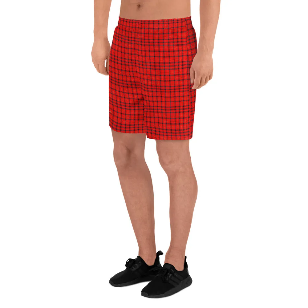 Red Plaid Men's Shorts, Preppy Tartan Scottish Style Men's Athletic Long Shorts-Made in EU