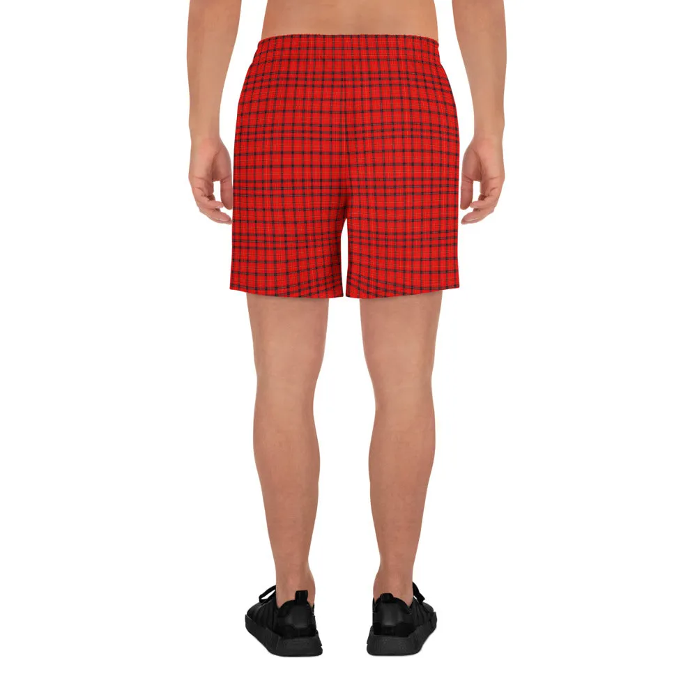 Red Plaid Men's Shorts, Preppy Tartan Scottish Style Men's Athletic Long Shorts-Made in EU
