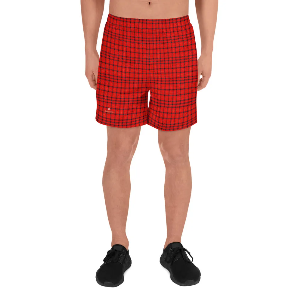 Red Plaid Men's Shorts, Preppy Tartan Scottish Style Men's Athletic Long Shorts-Made in EU