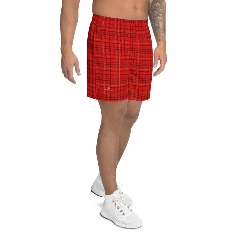 Red Plaid Men's Shorts, Preppy Tartan Scottish Style Men's Athletic Long Shorts-Made in EU