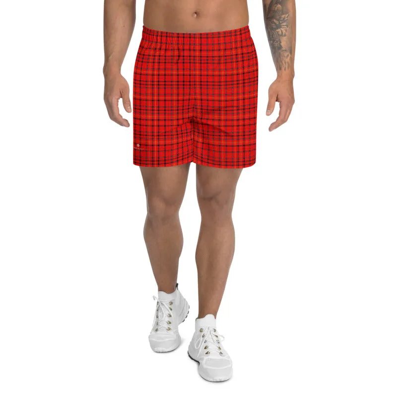 Red Plaid Men's Shorts, Preppy Tartan Scottish Style Men's Athletic Long Shorts-Made in EU