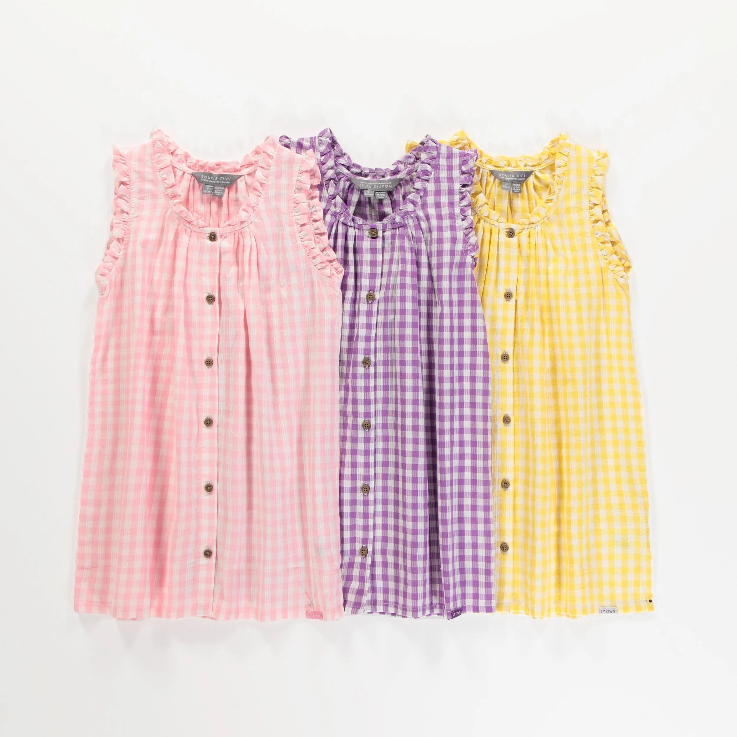 Robe à bretelles larges jaune et blanche à carreaux en seersucker, enfant || Yellow and white checkered dress with large straps in seersucker, child