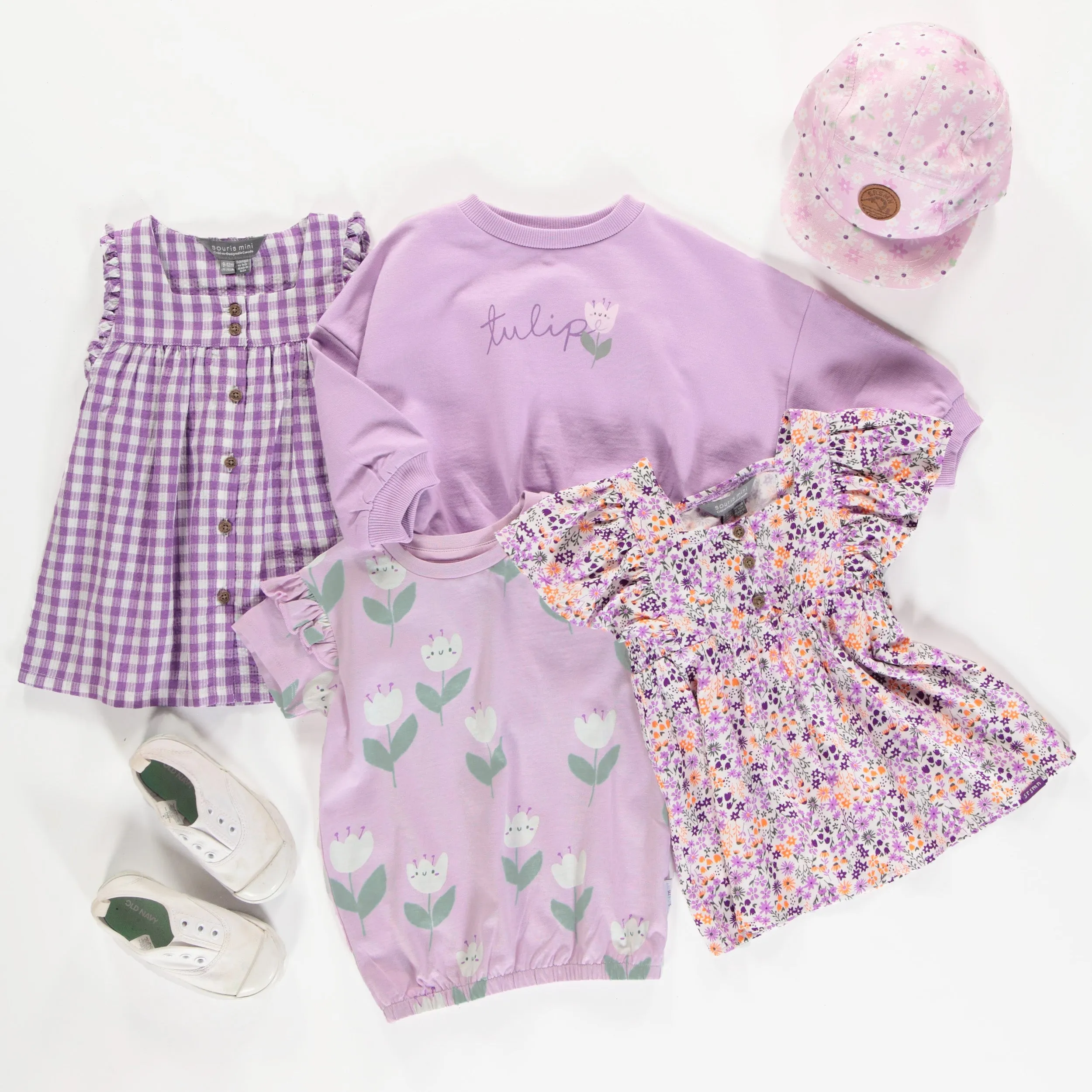 Robe à bretelles larges mauve et blanche à carreaux en seersucker, bébé || Purple and white checkered dress with large straps in seersucker, baby
