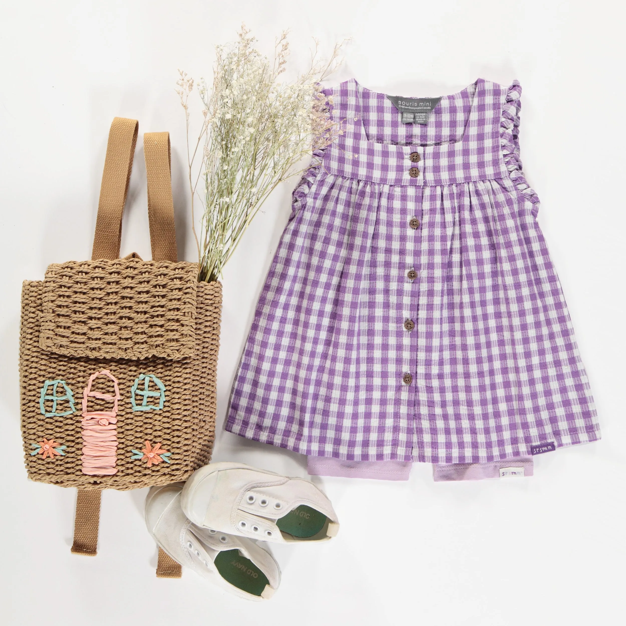 Robe à bretelles larges mauve et blanche à carreaux en seersucker, bébé || Purple and white checkered dress with large straps in seersucker, baby