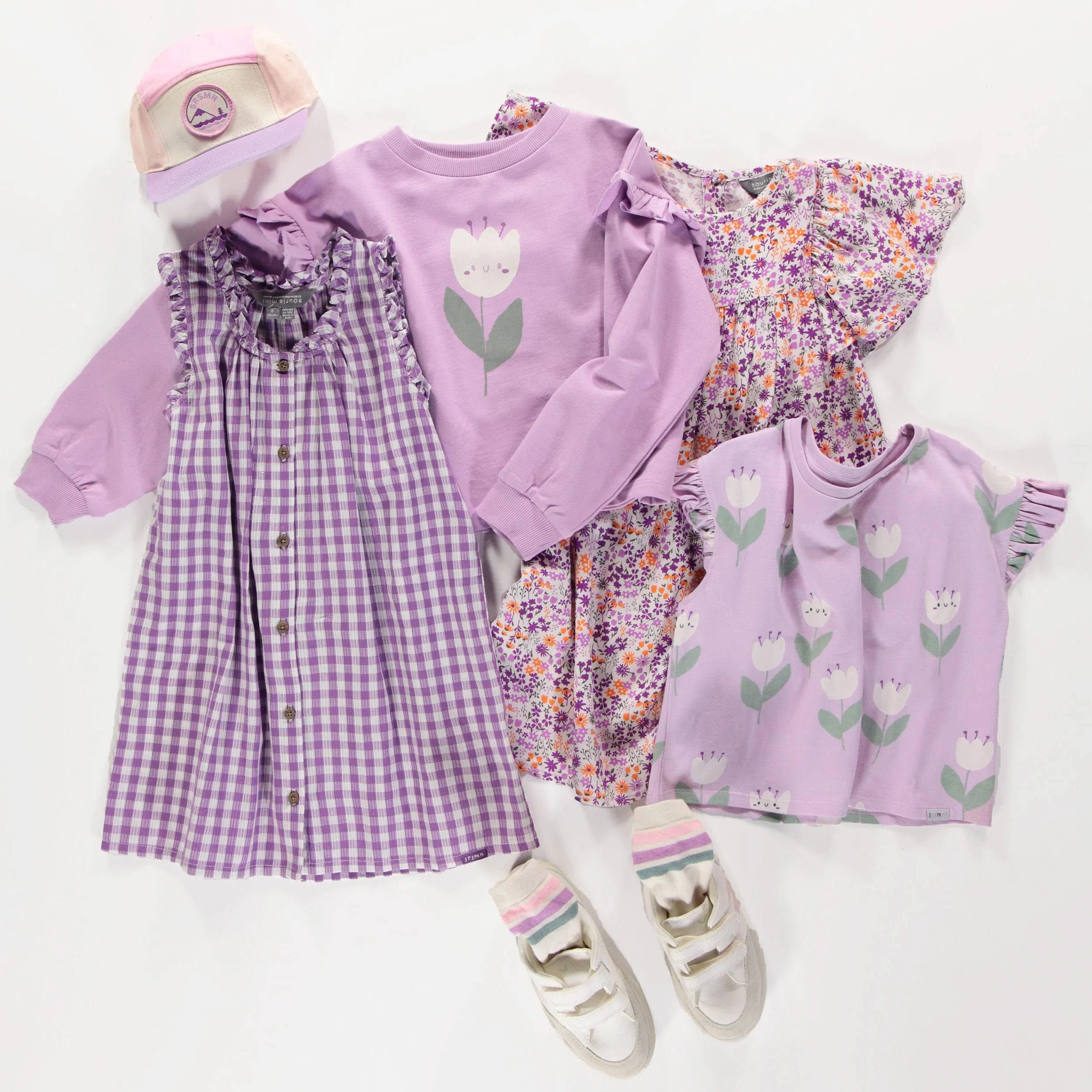 Robe à bretelles larges mauve et blanche à carreaux en seersucker, enfant || Purple and white checkered dress with large straps in seersucker, child