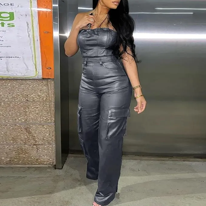 Sexy Grey Faux Leather Strapless Cargo Jumpsuit Catsuit