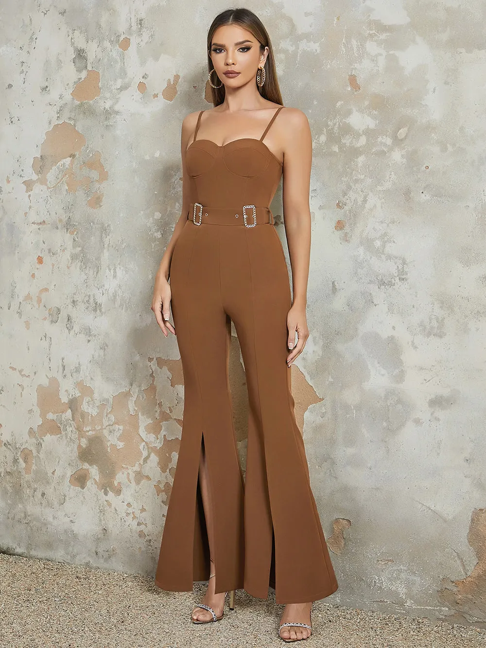Strappy Sleeveless Bell Bottom Bodycon Jumpsuit HB100190