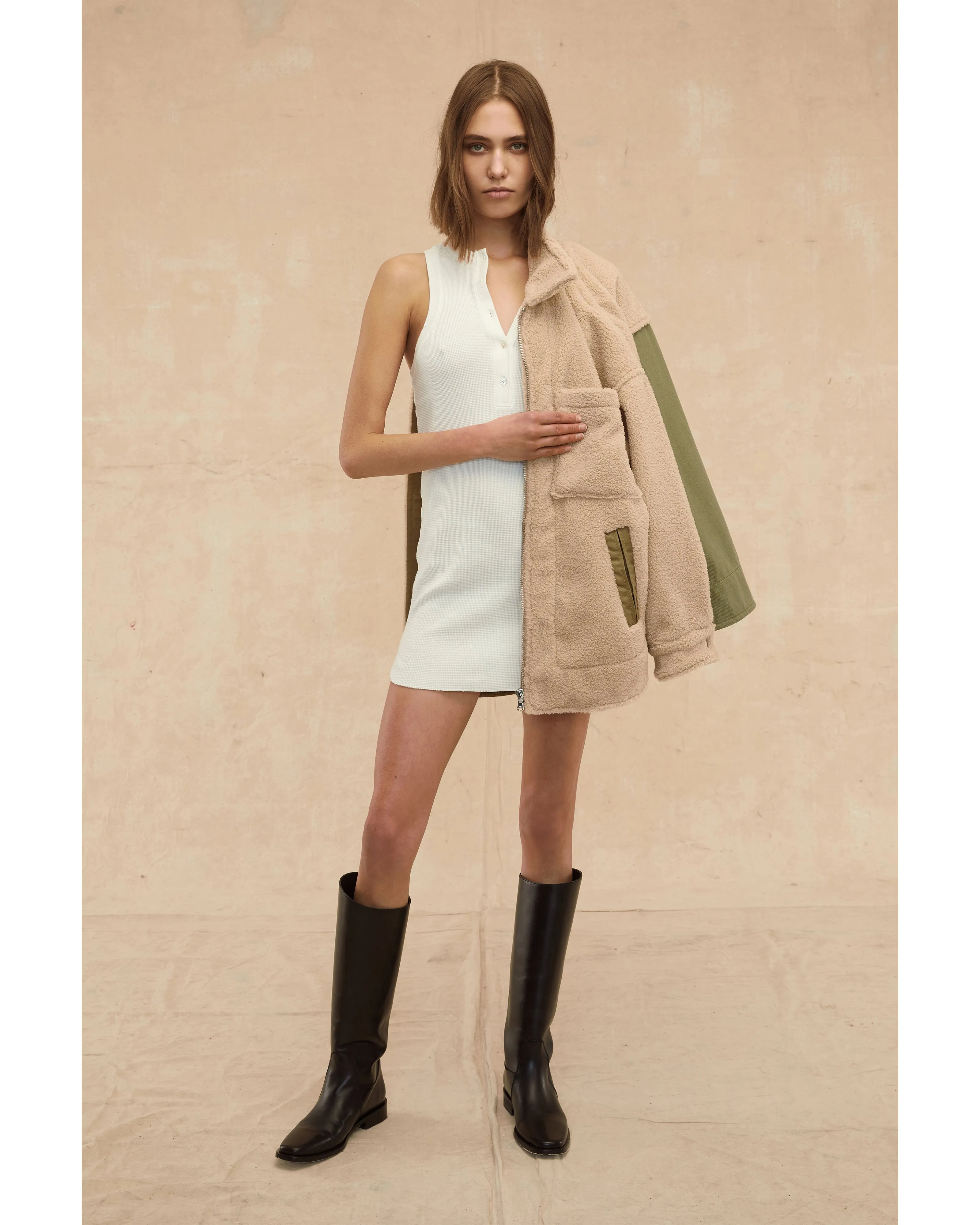 Stretch Waffle Liam Slim Knit Mini Dress in Off White