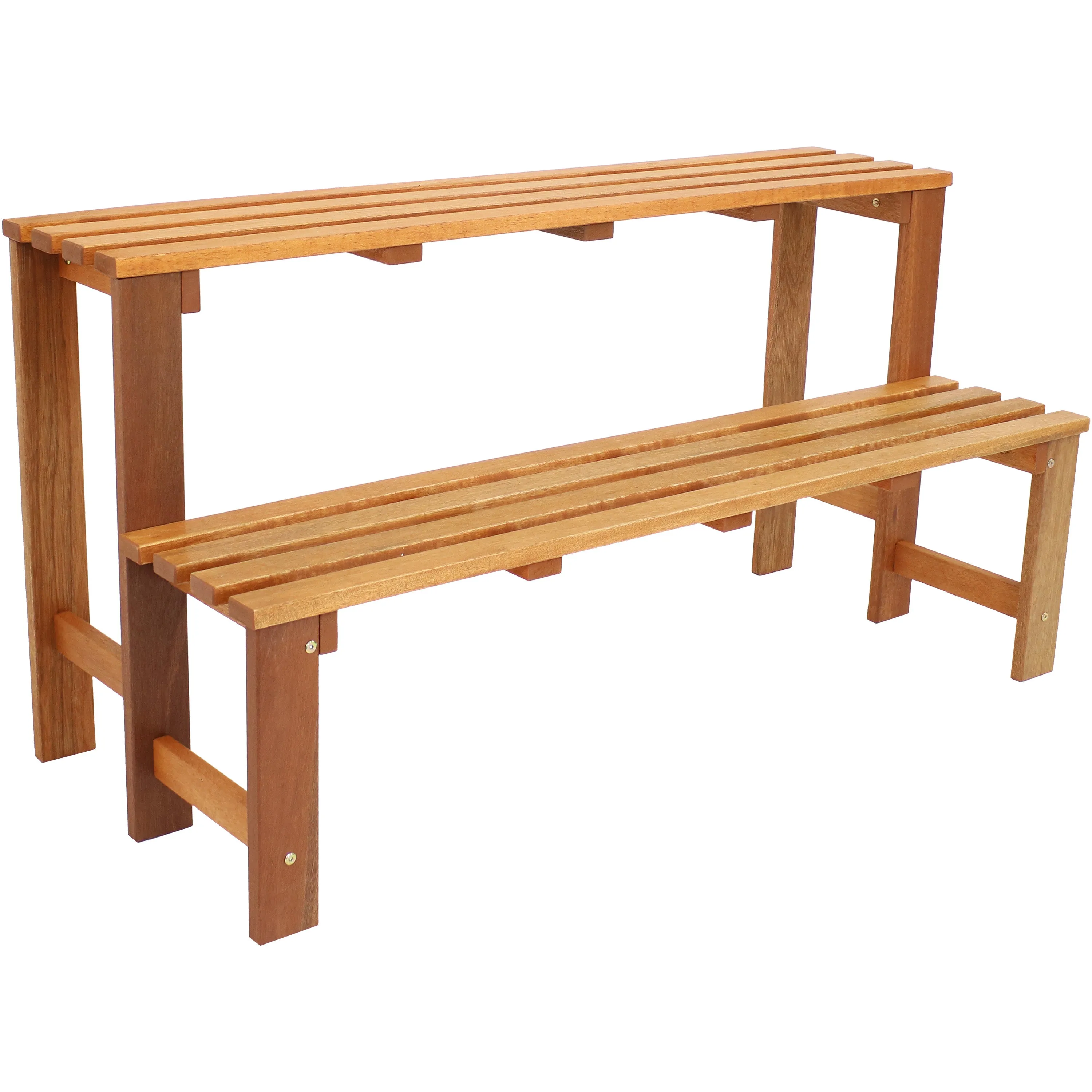 Sunnydaze 2-Tier Meranti Wood Outdoor Plant Stand with Teak Oil Finish