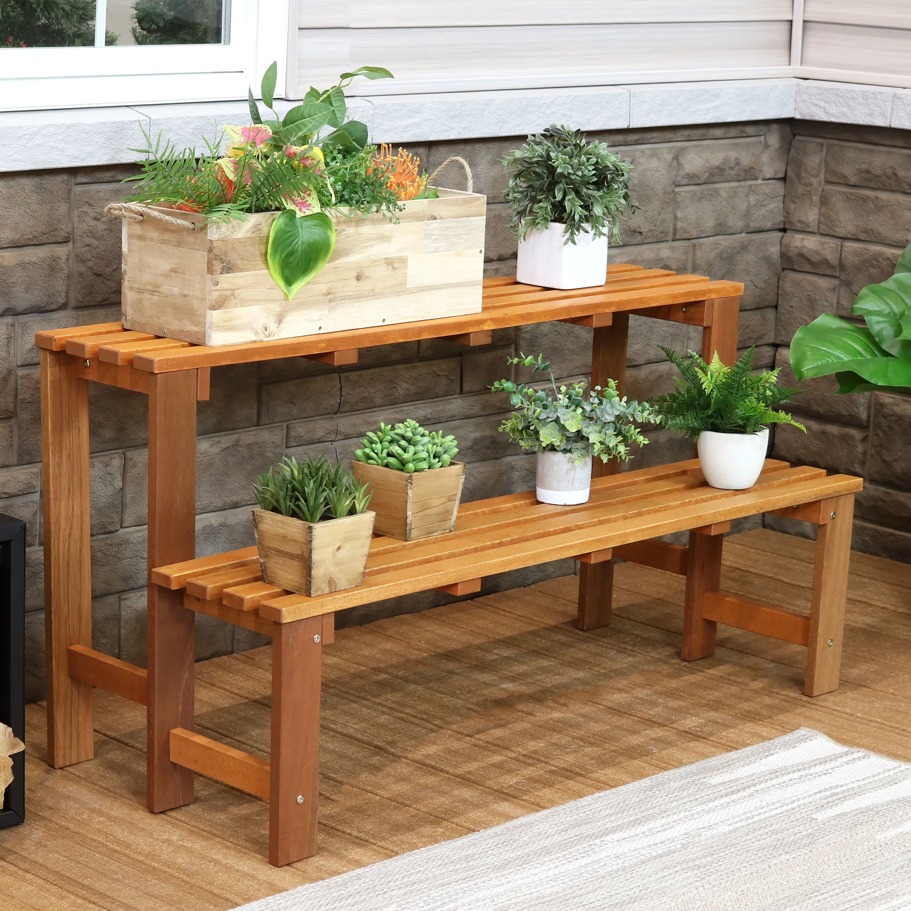 Sunnydaze 2-Tier Meranti Wood Outdoor Plant Stand with Teak Oil Finish