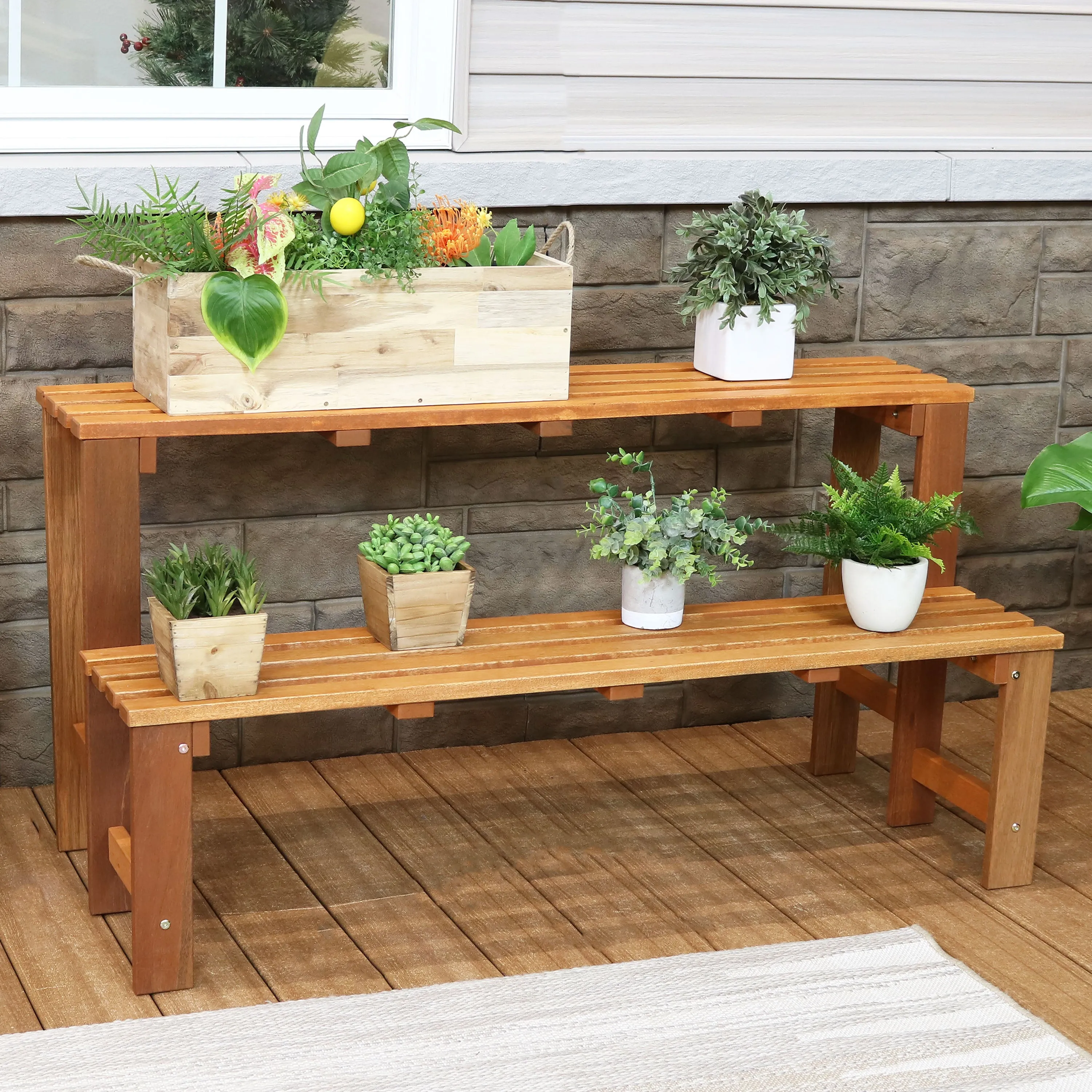 Sunnydaze 2-Tier Meranti Wood Outdoor Plant Stand with Teak Oil Finish