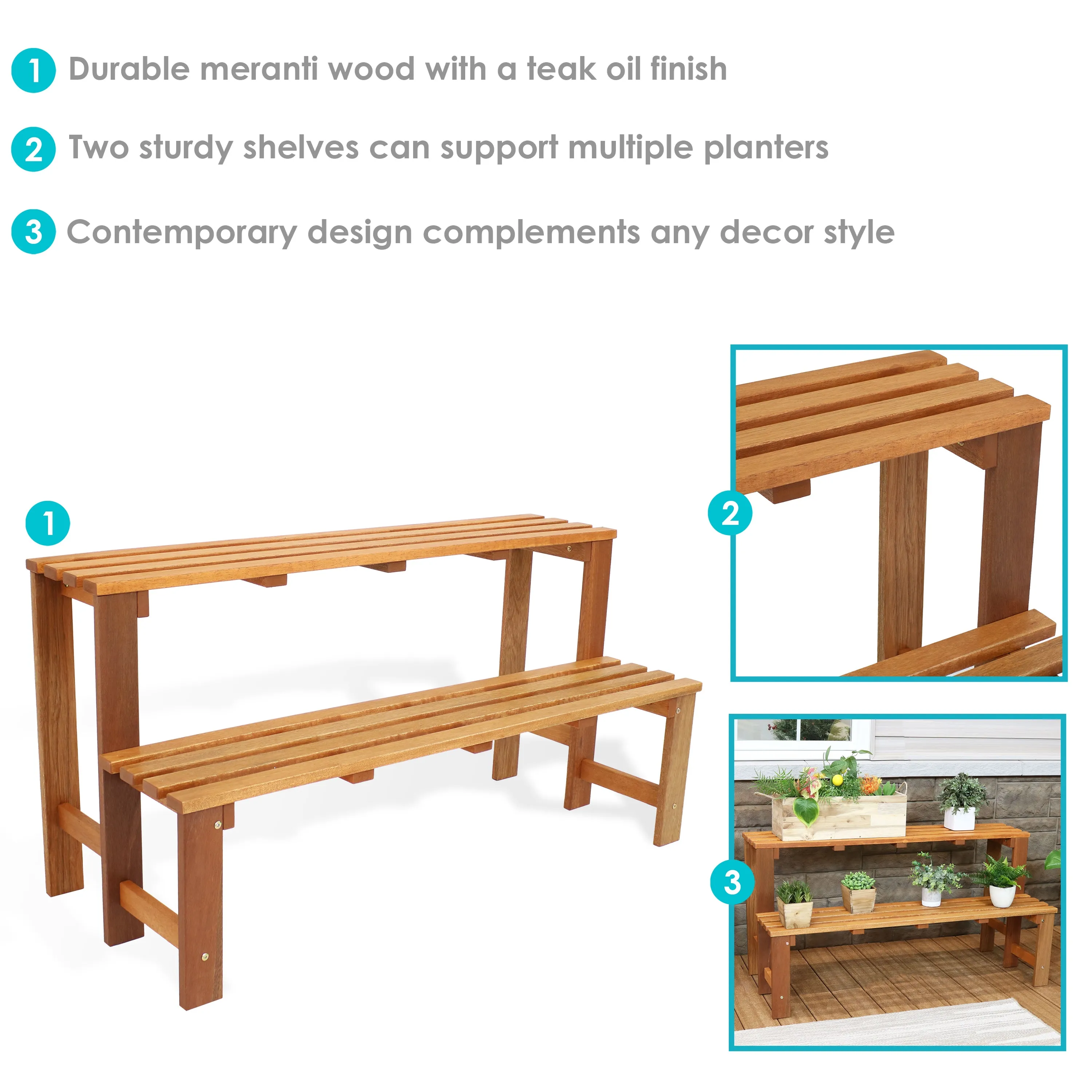 Sunnydaze 2-Tier Meranti Wood Outdoor Plant Stand with Teak Oil Finish