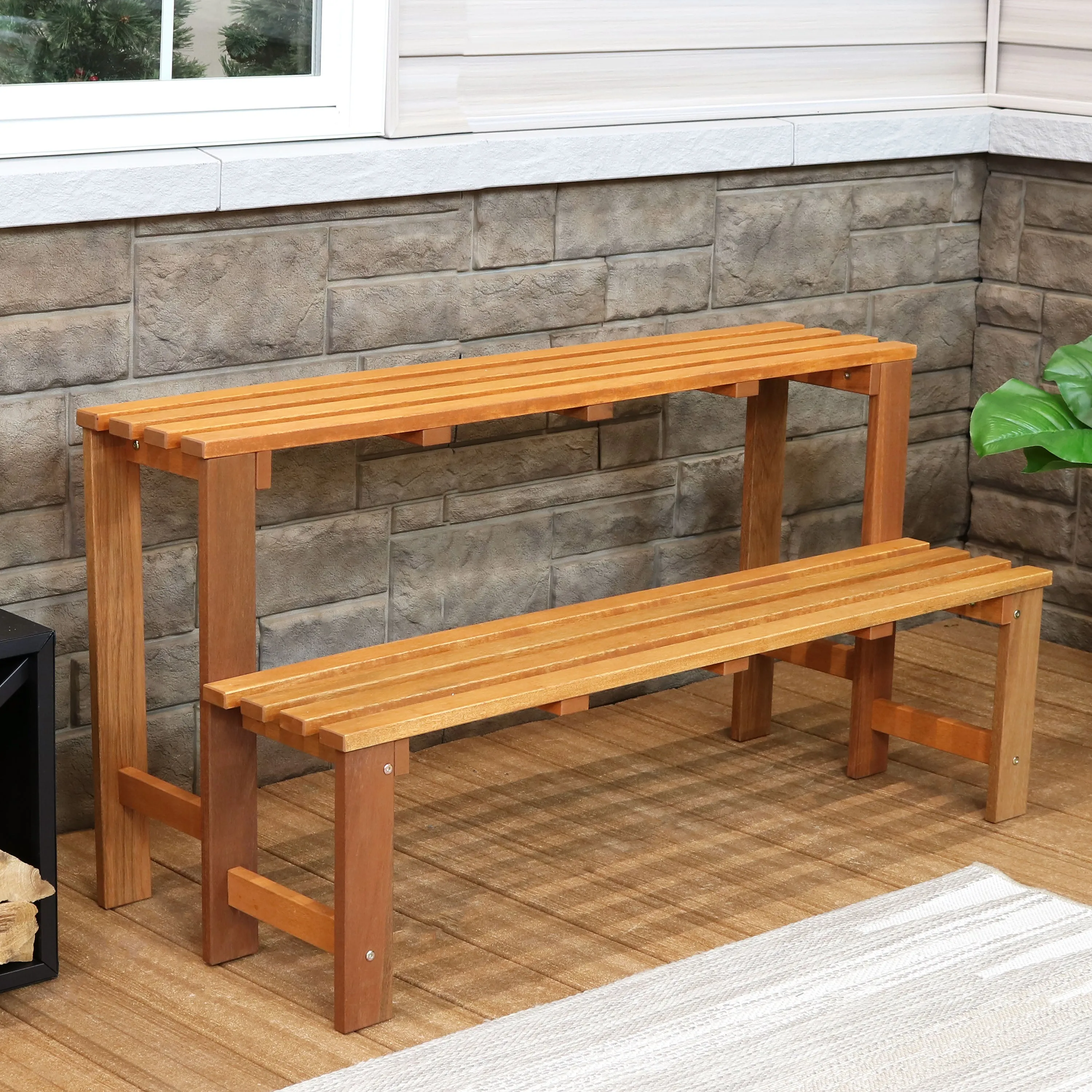 Sunnydaze 2-Tier Meranti Wood Outdoor Plant Stand with Teak Oil Finish