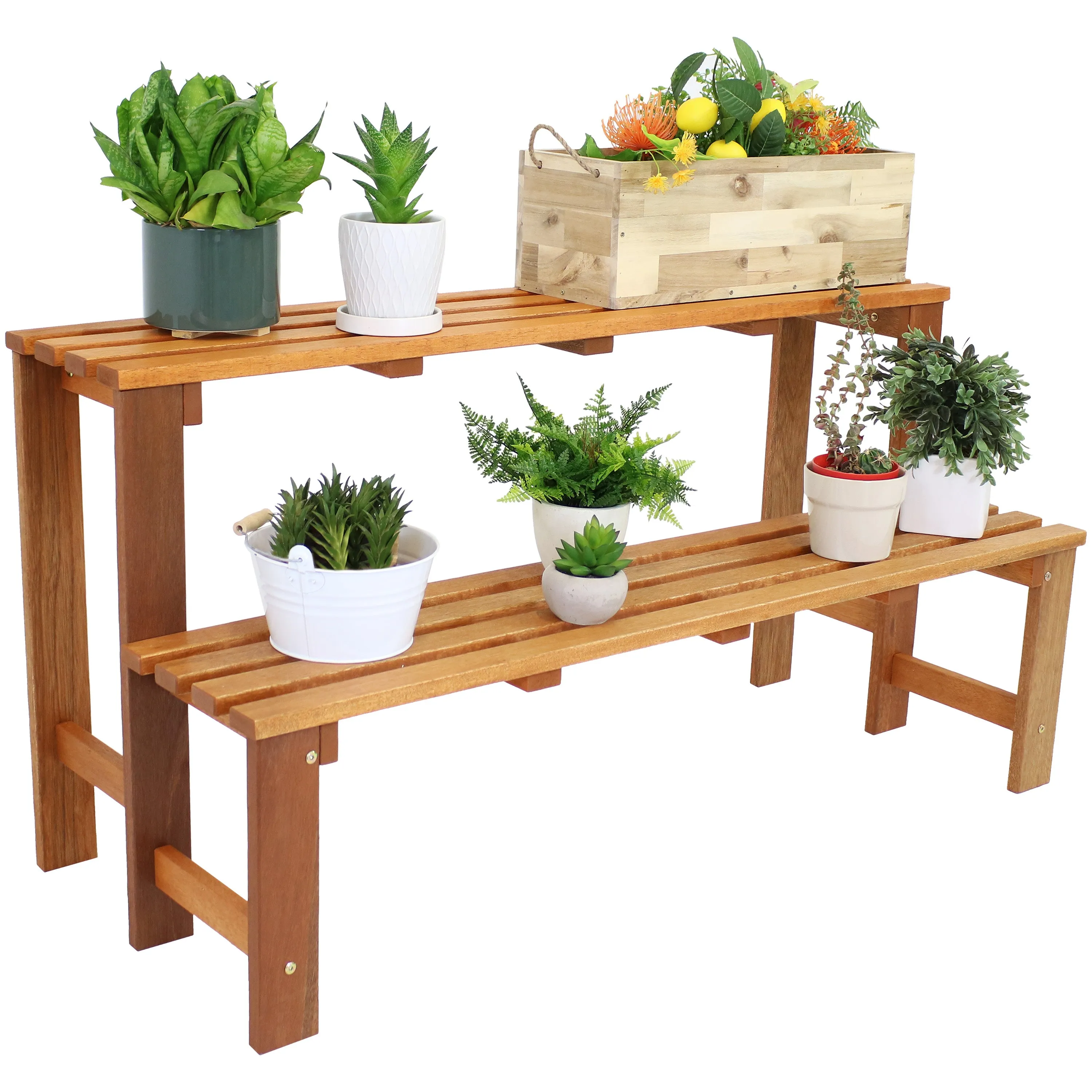 Sunnydaze 2-Tier Meranti Wood Outdoor Plant Stand with Teak Oil Finish
