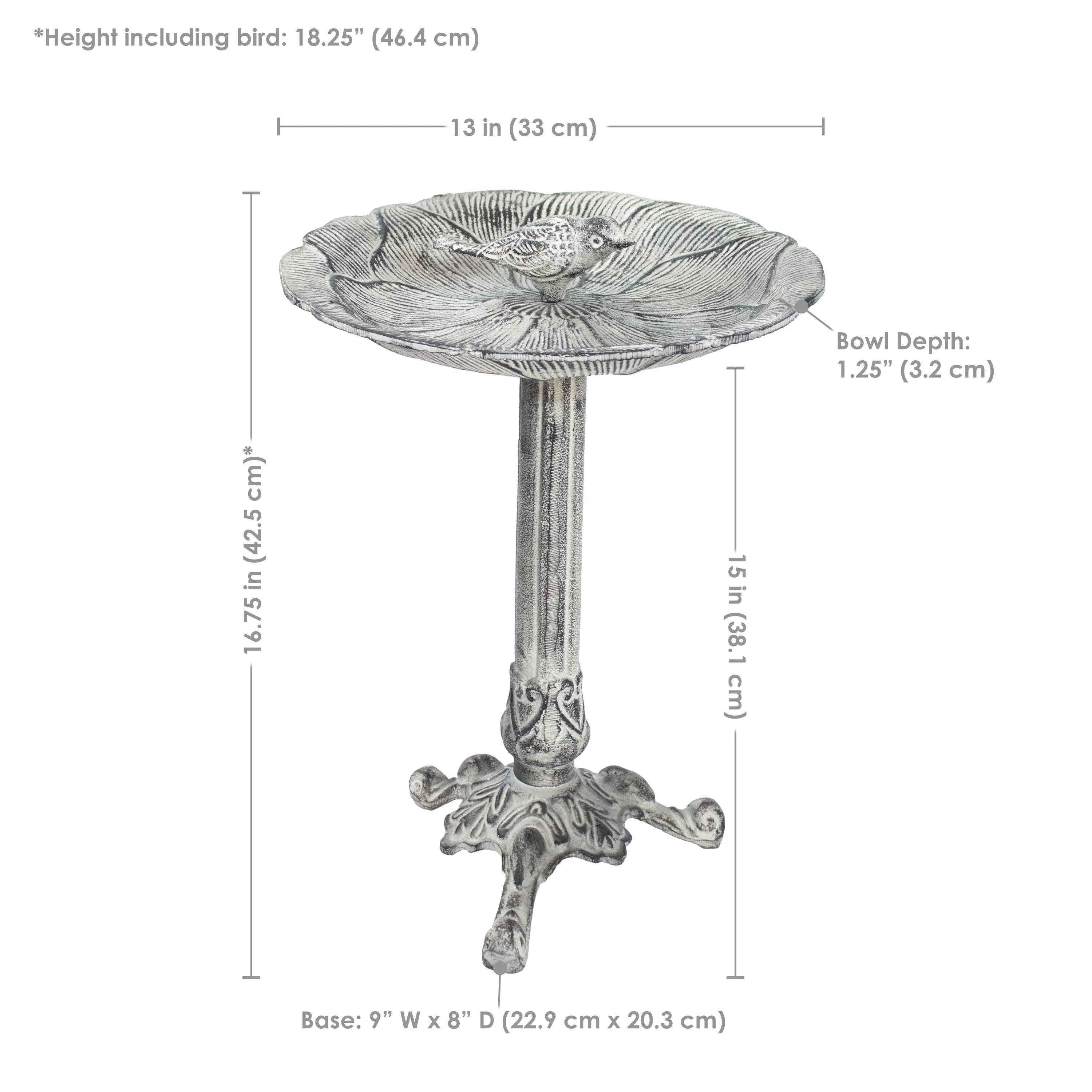 Sunnydaze Bird and Blossom Metal Bird Bath - Antique Gray - 13"