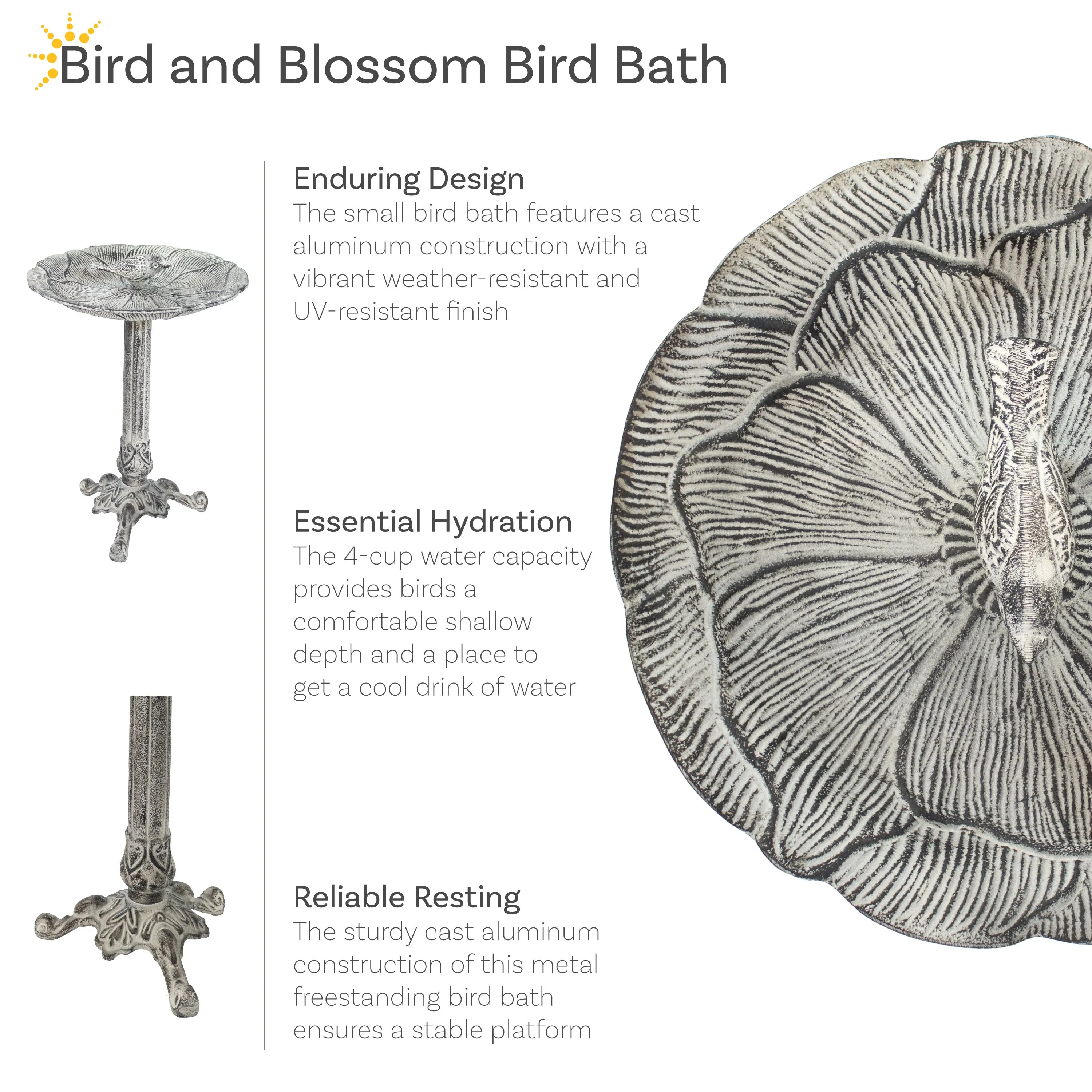Sunnydaze Bird and Blossom Metal Bird Bath - Antique Gray - 13"