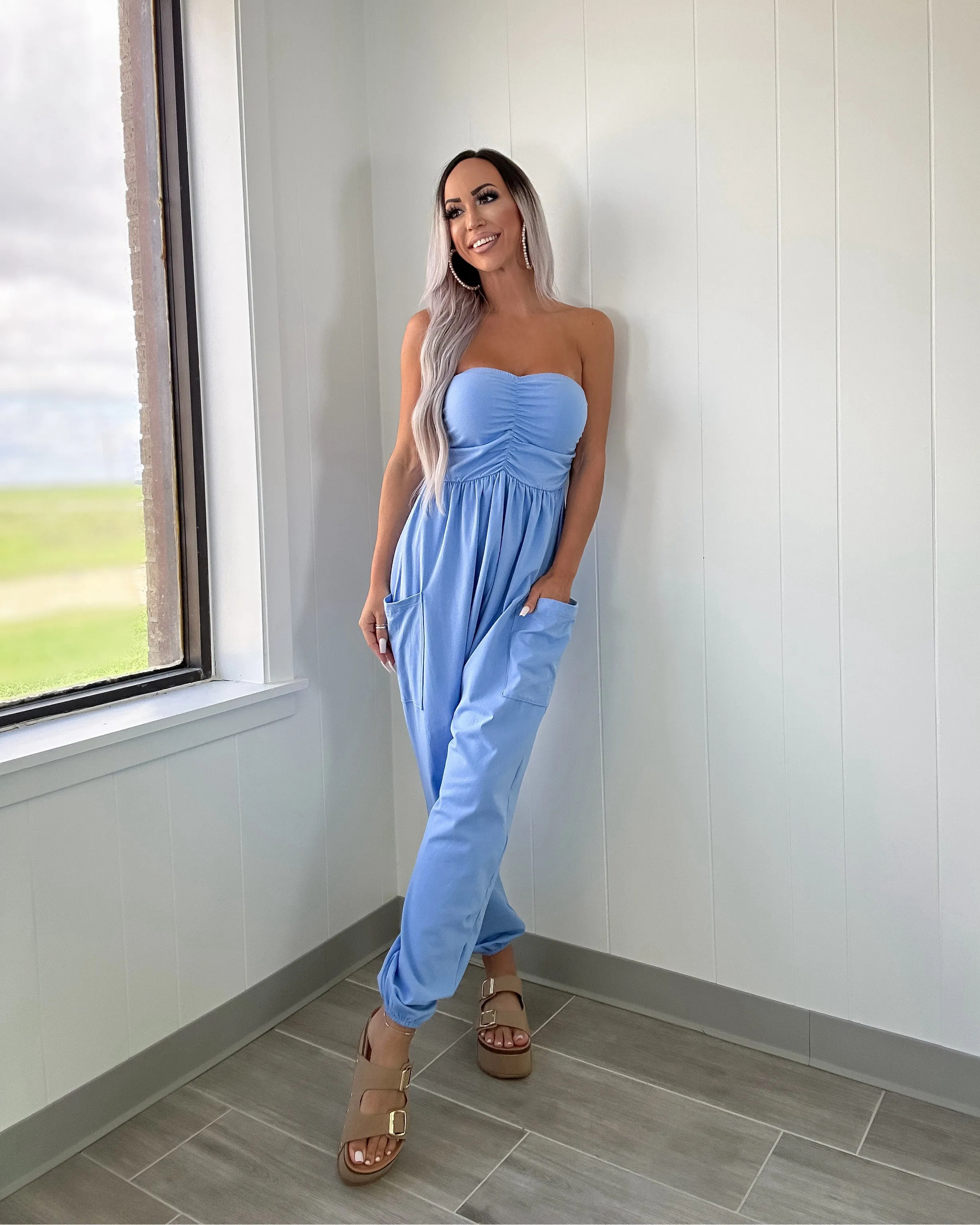 Sweetheart Ruched Jogger Jumpsuit - Blue