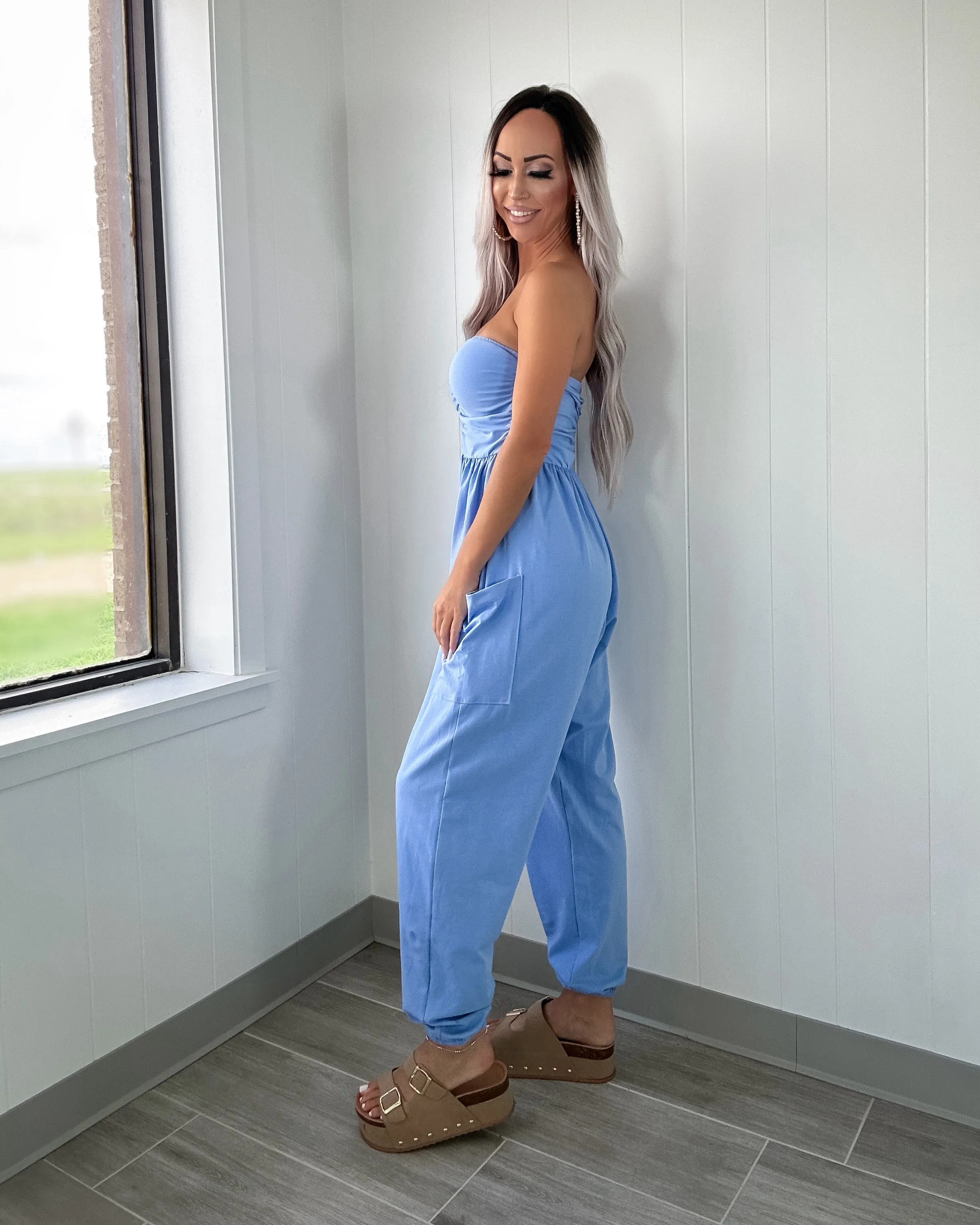 Sweetheart Ruched Jogger Jumpsuit - Blue