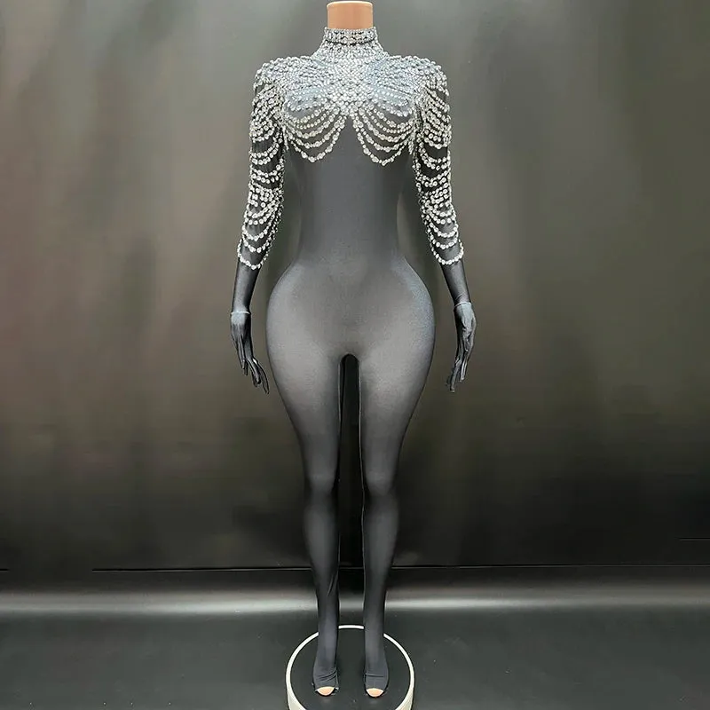 Trend4us Women's High-Neck Crystal Beaded Bodysuit