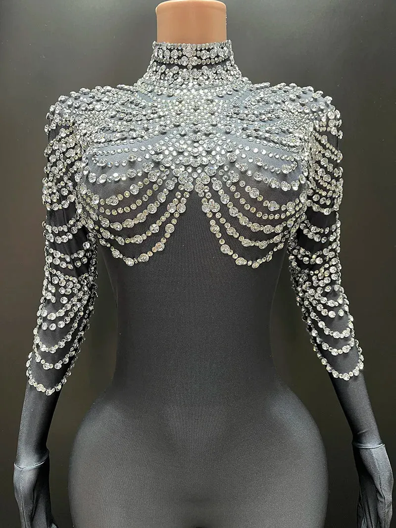 Trend4us Women's High-Neck Crystal Beaded Bodysuit