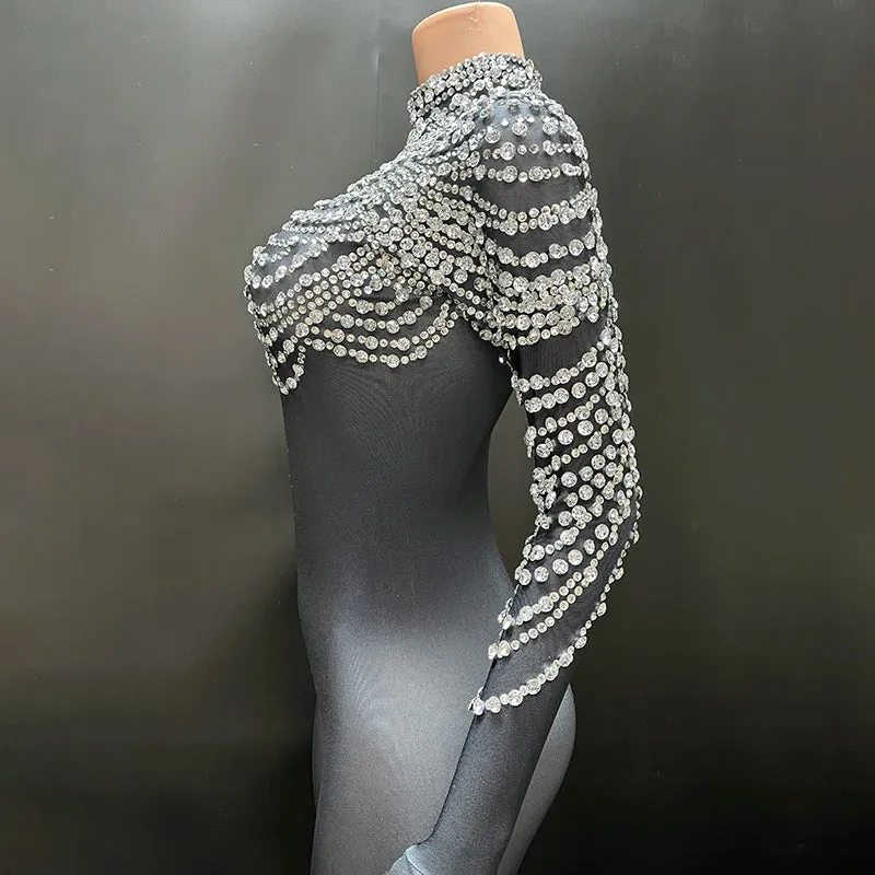 Trend4us Women's High-Neck Crystal Beaded Bodysuit