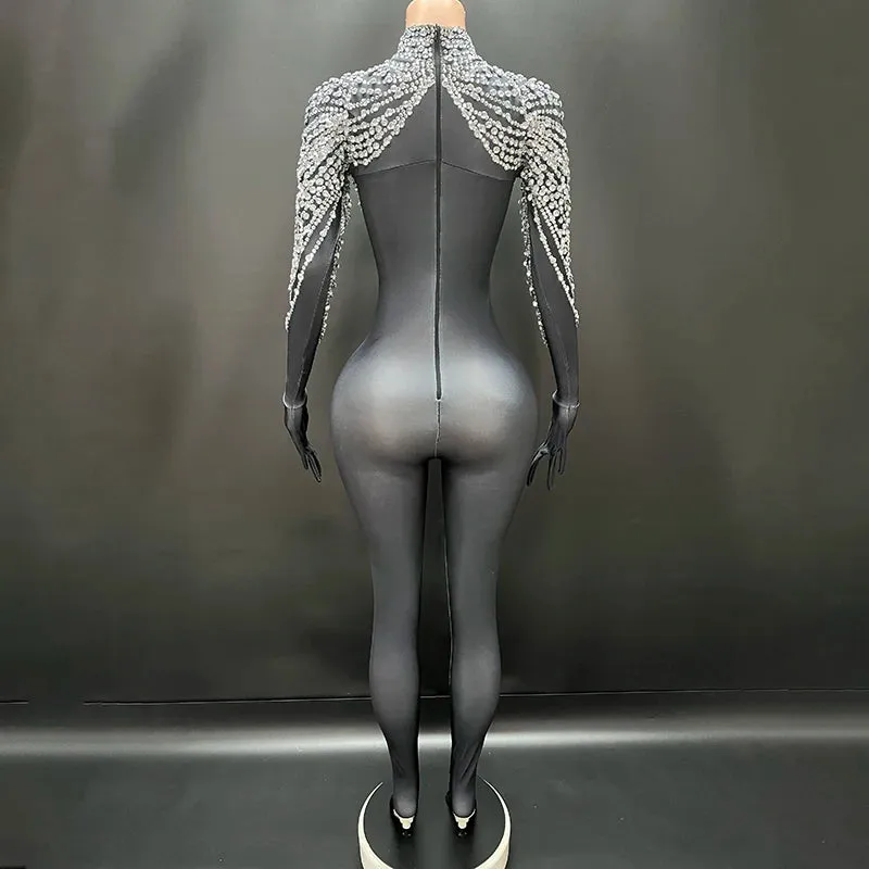 Trend4us Women's High-Neck Crystal Beaded Bodysuit