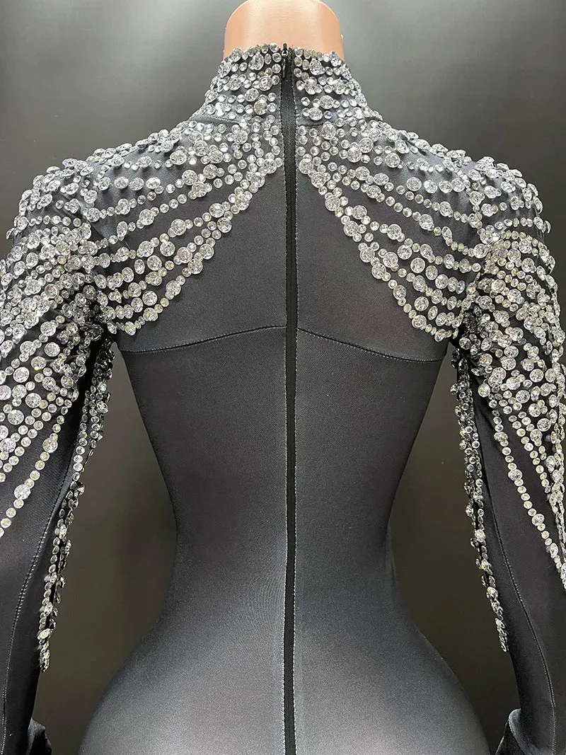 Trend4us Women's High-Neck Crystal Beaded Bodysuit